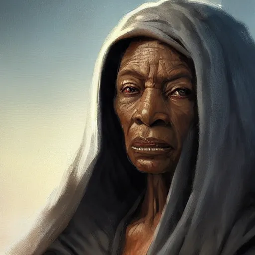 Prompt: portrait of a woman by greg rutkowski, old jedi master, afroamerican, wise, star wars expanded universe, she is about 7 0 years old, wearing jedi robes.