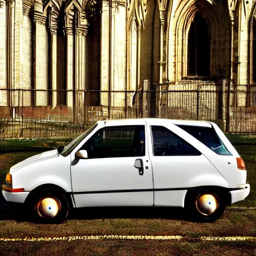 Image similar to a geo metro, parked in a cathedral