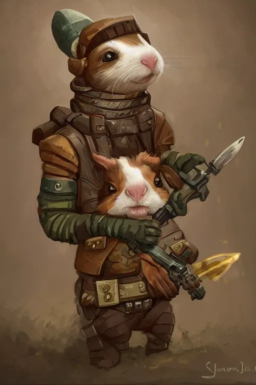 Image similar to cute little anthropomorphic Guinea Pig Soldier wielding a rocket launcher, tiny, small, short, pixelated army camouflage, cute and adorable, pretty, beautiful, DnD character art portrait, matte fantasy painting, DeviantArt Artstation, by Jason Felix by Steve Argyle by Tyler Jacobson by Peter Mohrbacher, cinematic lighting