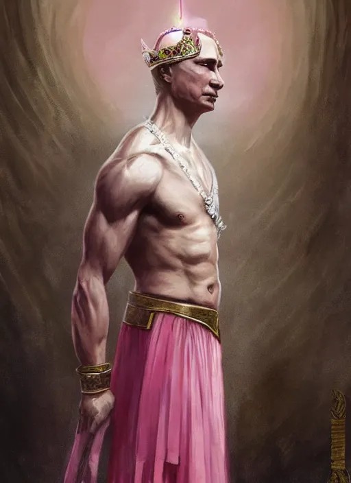 Image similar to vladimir putin as a magnificent beautiful greek god in a crown and pink balerrina skirt by greg rutkowski