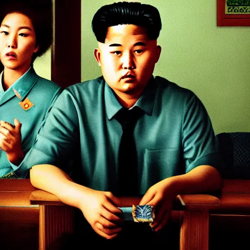 Image similar to hyperralism pineapple express movie still photography of hyperrealism detailed north korean kim chen with detailed face smoking weed in basement bedroom