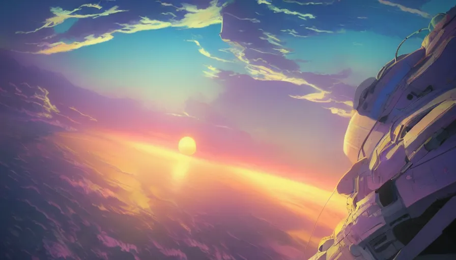 Image similar to A highly detailed matte painting of the sunset in space, purple, by Studio Ghibli, Makoto Shinkai, by Artgerm, by beeple, by Greg Rutkowski, volumetric lighting, octane render, 4K resolution, trending on artstation, masterpiece