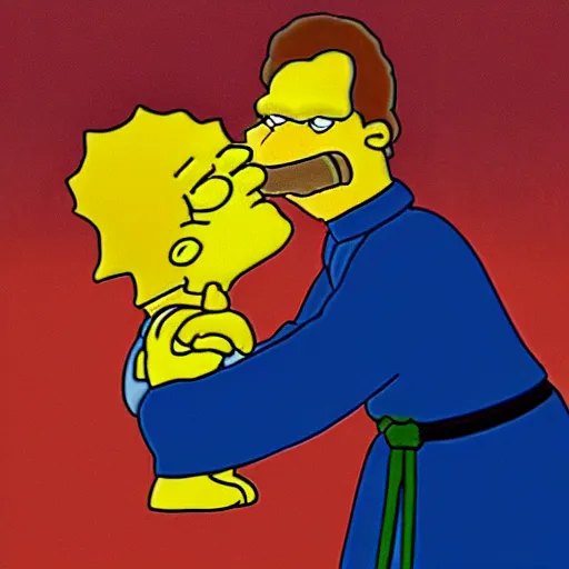 Image similar to emperor palpatine choking bart simpson in simpsons cartoon