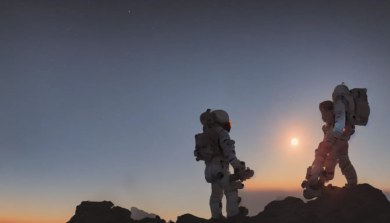 Prompt: lone astronaut sat on top of a mountain looking at the horizon of a unknown planet,extremely close shot from the back of the astronaut, helmet reflection, sunset, cinematic, epic, dark scenario, 8k, award winning,