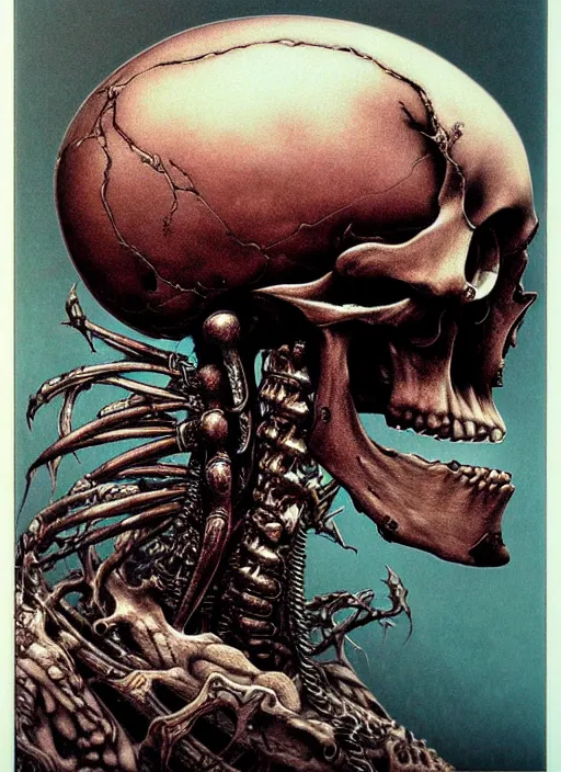 Image similar to a side view of skull with punk mohawk, highly detailed, art by Ayami Kojima, Beksinski, Giger