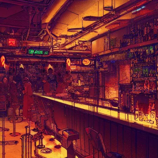 Prompt: a cyberpunk night bar, with bars of Zero G vodka on the shelf, intricate very detailed, colored manga line art, by Mucha and Craig Mullins, anime trending on artstation,