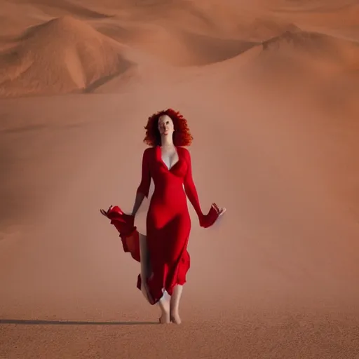 Prompt: symmetry!! christina hendricks!!! full frontal body photography of skinny christina hendricks in white robes standing in the desert, blushing, red - cheeks!!, dim volumetric cinematic lighting, 8 k, detailed - face!!, red lips, post - processing, extremely hyper - detailed, intricate, epic composition, masterpiece, stunning, leica sl 2 5 0 mm