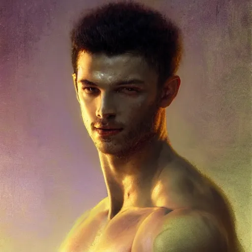 Image similar to handsome portrait of a young guy fitness posing, war hero, radiant light, caustics, translucent rainfall, berserk, by gaston bussiere, bayard wu, greg rutkowski, giger, maxim verehin