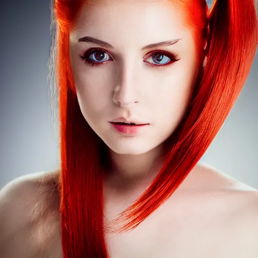 Prompt: !dream Portrait of a young, stunningly beautiful twin-tailed woman with red hair on the right half of her head and white hair on the left half, award-winning photo, 4k, 8k, studio lighting, Nikon D6