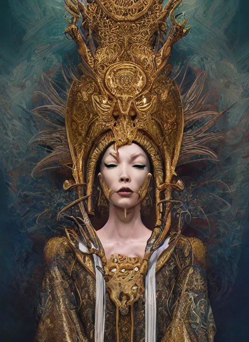 Image similar to slender high priest in a ornate heavy robe, eclesial headpiece, by james jean, karol bak, tomasz alen kopera, cgsociety and fenghua zhong, highly detailed, rim light, cinematic lighting, illustration, art, octane render, very coherent, cinematic, hyper realism, high detail, octane render, 8 k