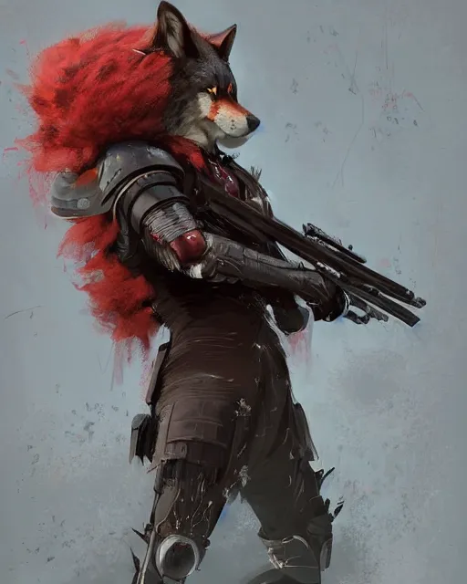 Image similar to beautiful portrait of a handsome black male anthropomorphic wolf fursona red hair, long red hair wearing destiny 2 armor and holding a sniper rifle. character design by cory loftis, fenghua zhong, ryohei hase, ismail inceoglu and ruan jia. artstation, volumetric light, highly detailed, photorealistic, fantasy, rendered in octane