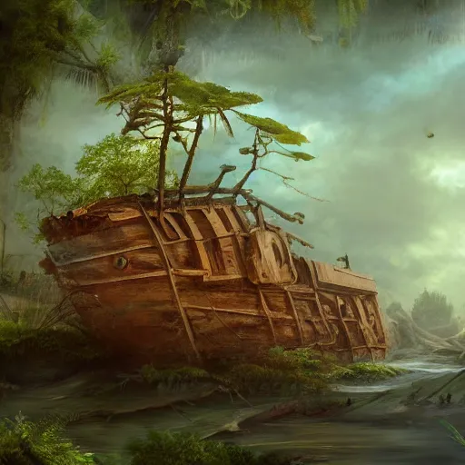 Image similar to Wrecked wooden ship on the top of jungle trees, 8k, detailed, concept art, trending on artstation