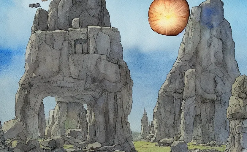 Image similar to a realistic watercolor fantasy concept art of giant monk with a big forehead in grey robes swaying in stonehenge. several immense stones are floating in the air. in the background a large ufo is in the sky. by rebecca guay, michael kaluta, charles vess