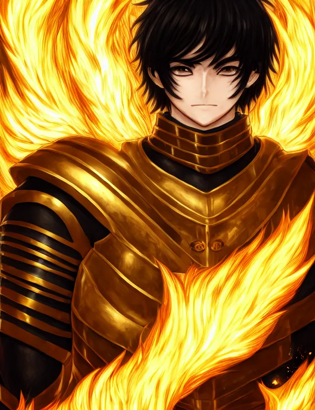 Image similar to a detailed manga portrait of a black haired man with hazel eyes in gleaming golden armour that burns with golden fire, trending on artstation, digital art, 4 k resolution, detailed, high quality, sharp focus, hq artwork, coherent, insane detail, character portrait