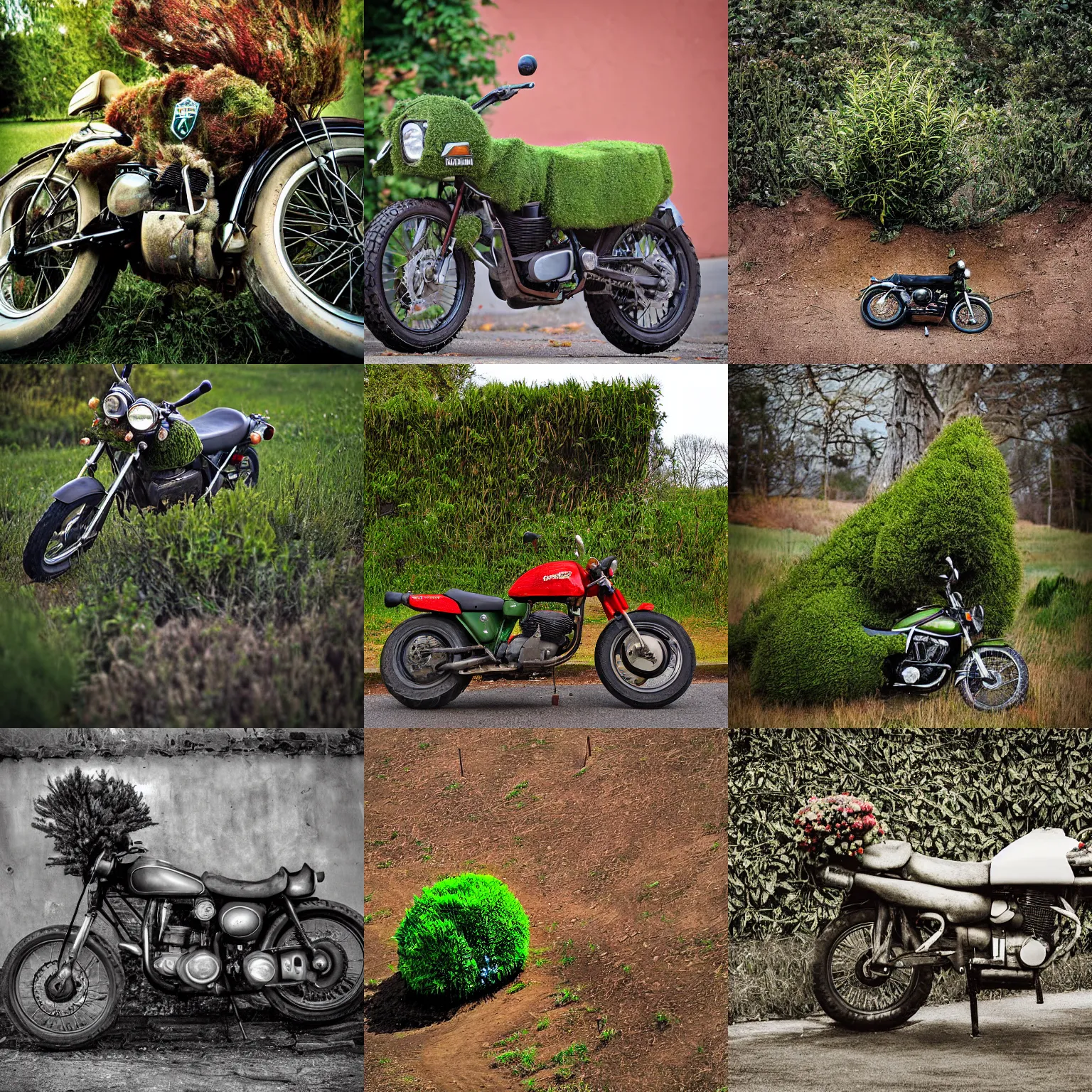 Prompt: a bush!! in the shape of a (motorbike), photograph