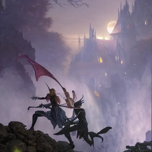 Image similar to Magic The Gathering art action shot of half elven ninjas scaling battlements in moonlight, drawn by Donato Giancola and Tom Bagshaw, Edmund Leighton, Alphonse Mucha, 4k, volumetric lighting, komorebi, intense battle scene award winning, octane render, hyperrealistic