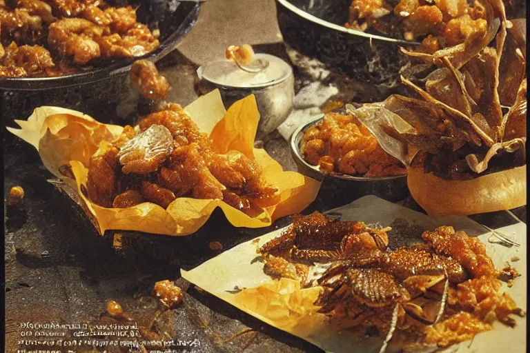 Image similar to mcdonald's fried bees with dry leaf stew, in 1 9 9 5, y 2 k cybercore, advertisement photo. artwork by craig mullins