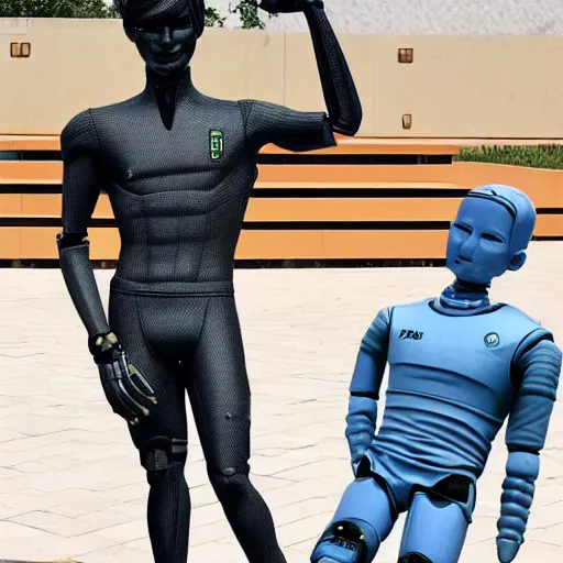 Image similar to a realistic detailed photo of a guy who is an attractive humanoid who is half robot and half humanoid, who is a male android, soccer player martin ødegaard, shiny skin, posing like a statue, blank stare, by the pool, on display, showing off his muscles, humanoid robot, frozen ice statue