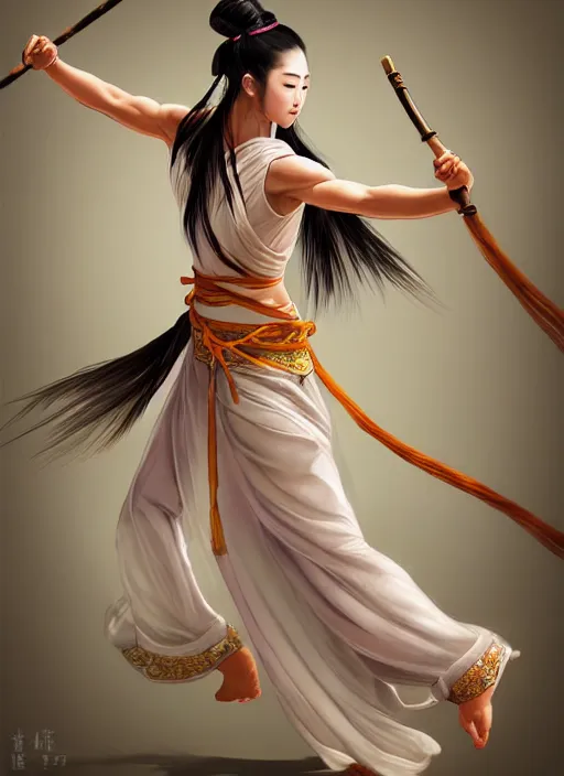 Prompt: a barefoot female dancer using a silk belt as weapon, wuxia, xianxia, barefoot, tanned skin, athletic, vivacious, absurdly beautiful, hanfu, fully clothed, chinese ribbon dance, silk belt, scorpion whip, detailed, realistic, anatomically accurate, in the style of wlop on artstation, wang liang.