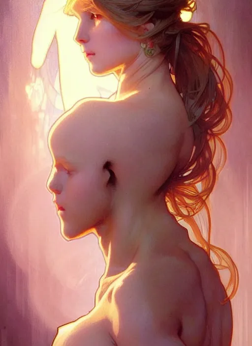 Image similar to digital character concept art by artgerm and greg rutkowski and alphonse mucha. clear portrait of a young wife blessed by god to uncontrollably become overwhelmingly perfect!! blonde, clothed, super feminine holy body!! light effect. hyper detailed, glowing lights!! intricate, elegant, digital painting, artstation, smooth, sharp focus