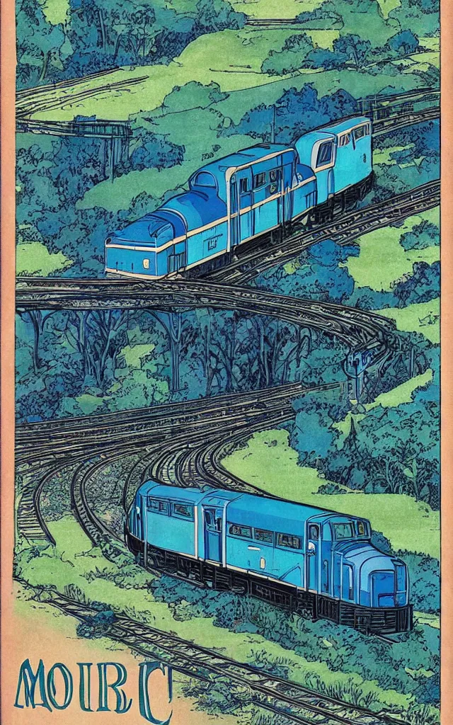 Image similar to blue and green train in the country, vintage poster, moebius style,