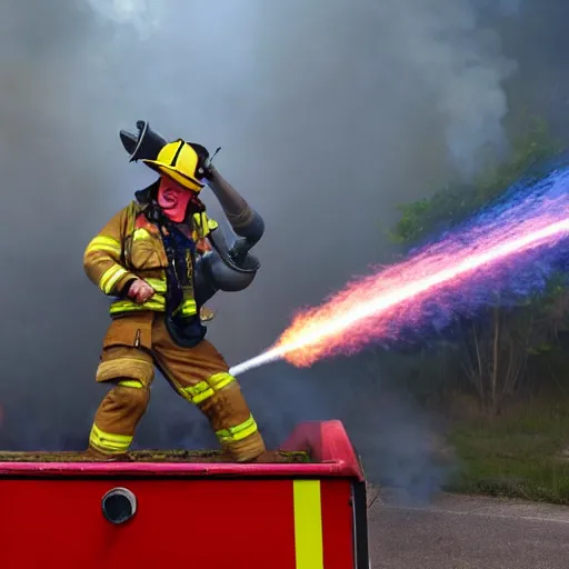 Prompt: a clown wearing firefighter clothes, using a flamethrower projecting a bright flame on a dumpster fire