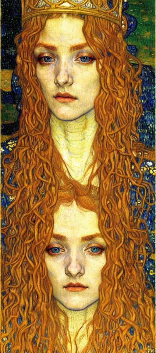 Image similar to detailed realistic beautiful young medieval queen face portrait by jean delville, gustav klimt and vincent van gogh, art nouveau, symbolist, visionary, gothic, pre - raphaelite, muted earthy colors, desaturated