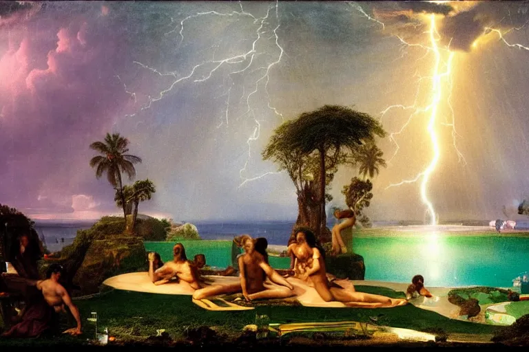 Image similar to The chalice of the occult, refracted sparkles, thunderstorm, greek pool, beach and Tropical vegetation on the background major arcana sky and occult symbols, by paul delaroche, hyperrealistic 4k uhd, award-winning, very detailed paradise