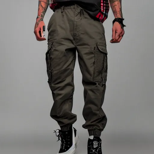 Prompt: cargo pants clothing tagged with graffiti letters