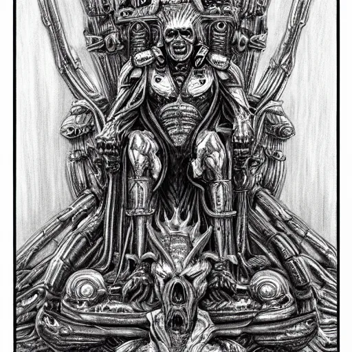 Image similar to pencil illustration. the god emperor on his golden throne. 4 0 k. body horror. in the style of giger.