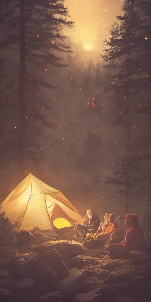 Image similar to symmetry!! they are tent camping by the campfire under a sky full of stars, surreal landscape, golden hour, very detailed, perfect composition, perfect lighting, 4 k, trending on artstation, greg rutkowski, derek zabrocki, artgerm, chuck close, ruan jia