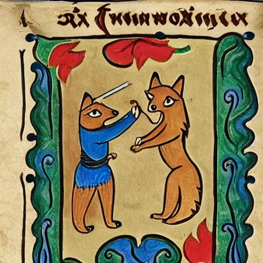 Prompt: anthropomorphic fox dueling with a wolf, illuminated manuscript