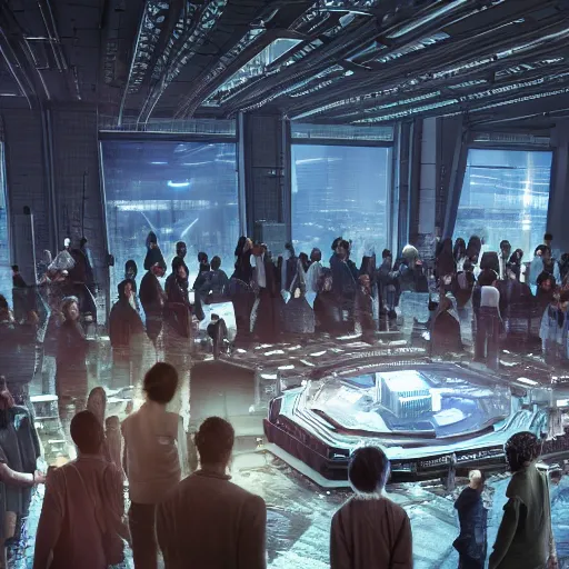 Prompt: large group people in a huge warehouse, looking at hologram of futuristic city on a table | cinematic concept art | godrays | 4 k | clear details | tabletop model | tabletop model | hologram center