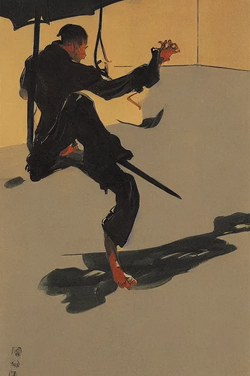 Prompt: portrit of a ninja on a rainy night by joaquin sorolla, syd mead, hokusai