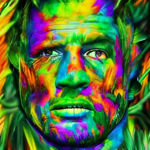 Prompt: jungle made from celebrities, terrifying, photorealistic, rainbow colors