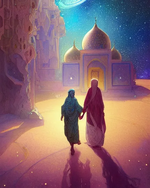 Image similar to bedouin man and woman and child in galaxy walking towards mosque surrounded by nebula, highly detailed, gold filigree, romantic storybook fantasy, soft cinematic lighting, award, disney concept art watercolor illustration by mandy jurgens and alphonse mucha and alena aenami, pastel color palette, featured on artstation