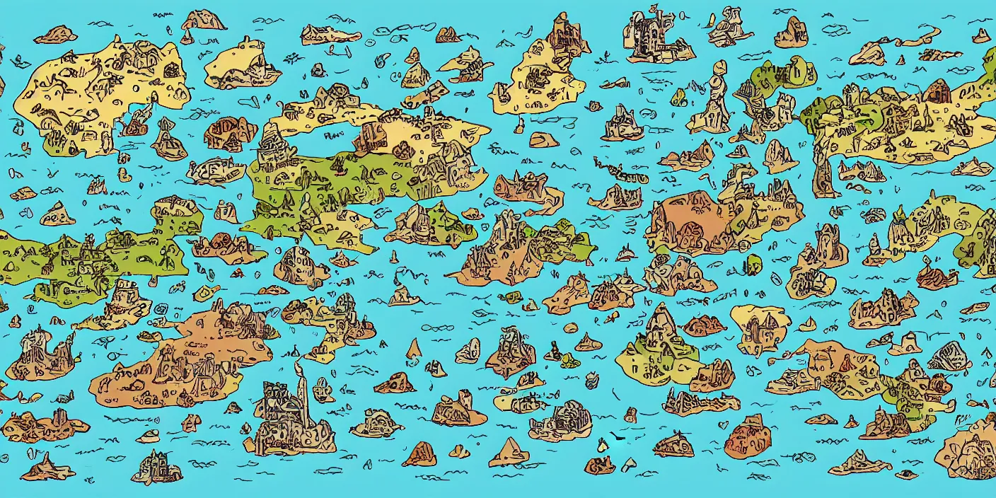 Image similar to a rpg map with regions in separated colors surrounded by ocean detailed, flat colors and strokes illustrated by Mattias Adolfsson