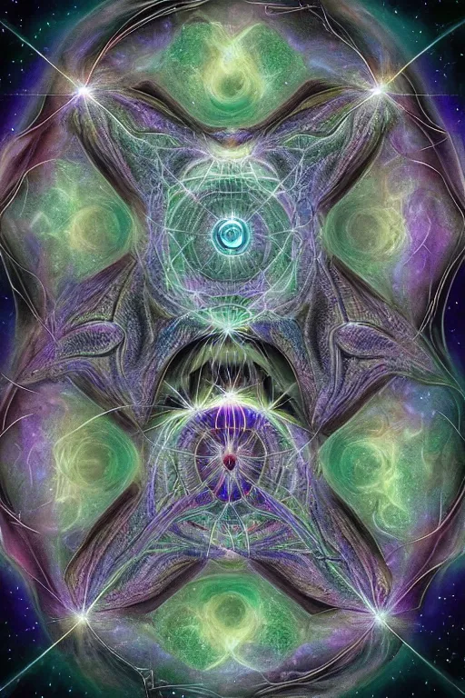 Prompt: Superstar Nebula Centered, uncut, unzoom, symmetry. charachter illustration. Dmt entity manifestation. Surreal render, ultra realistic, zenith view. Made by hakan hisim feat cameron gray and alex grey. Polished. Inspired by patricio clarey, heidi taillefer scifi painter glenn brown. Slightly Decorated with Sacred geometry and fractals. Extremely ornated. artstation, cgsociety, unreal engine, ray tracing, detailed illustration, hd, 4k, digital art, overdetailed art. Intricate omnious visionary concept art, shamanic arts ayahuasca trip illustration. Extremely psychedelic. Dslr, tiltshift, dof. 64megapixel. complementing colors. Remixed by lyzergium.art feat binx.ly and machine.delusions. zerg aesthetics. Trending on artstation, deviantart