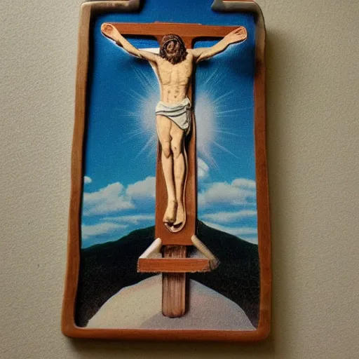 Image similar to jesus crucified onto a mushroom