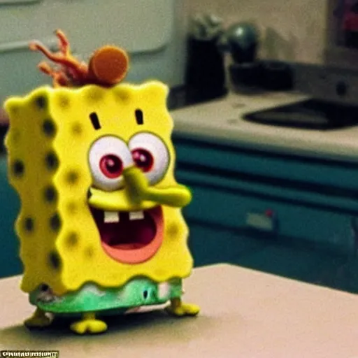 Image similar to A horrific photo of SpongeBob after years of use as a regular Kitchen sponge