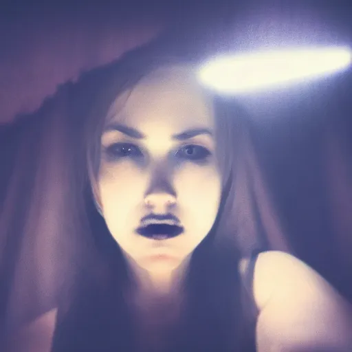 Prompt: cursed gloomy, grim, and dark selfie of a woman in a dark room!!!!!, photorealistic, grim and gloomy lighting, selfie!!!!!, spooky filter, halloween atmosphere, halloween art style, 4 k, 8 k