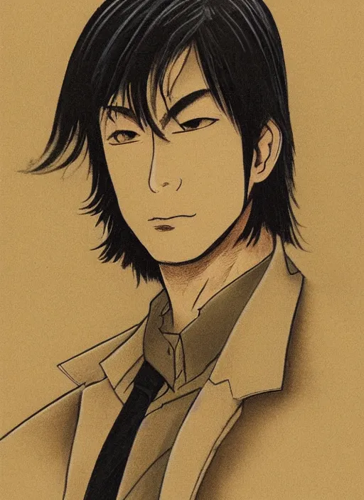 Image similar to portrait by yoji shinakawa, handsome male vampire, focus on face, pretty, long black hair, dark blue shirt, light brown coat