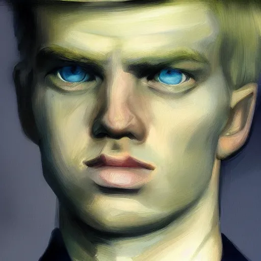 Image similar to a close up realistic portrait of a blonde man, edward hopper, trending on artstation