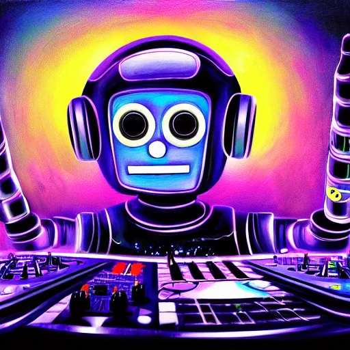 Prompt: a robot as a dj in a future city disco club, all robots are dancing, highly detailed, digital painting, award winning art