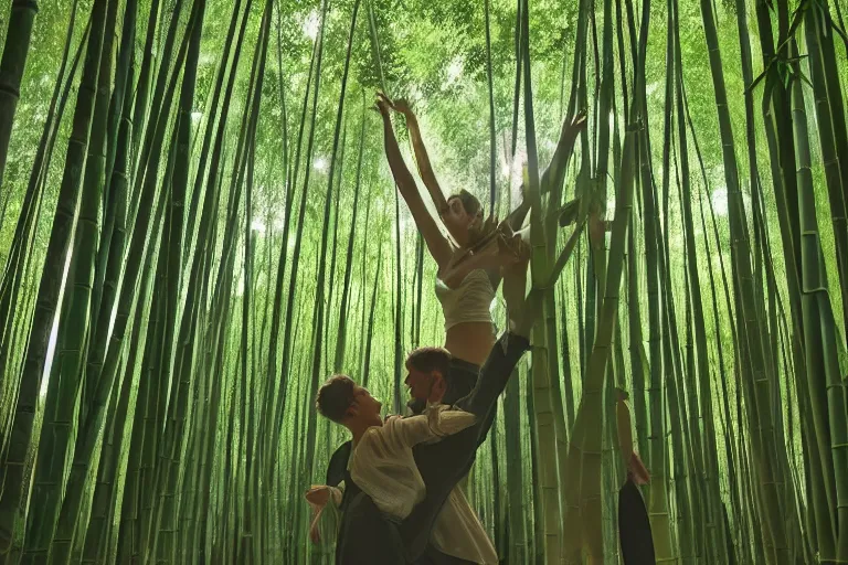 Image similar to cinematography closeup portrait of couple dancing in a bamboo forest, thin flowing fabric, audience of monkeys, natural light by Emmanuel Lubezki