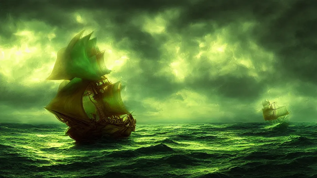 Prompt: gold galleon ship, green sea, storm. bloom, lighting. fantasy, digital art.