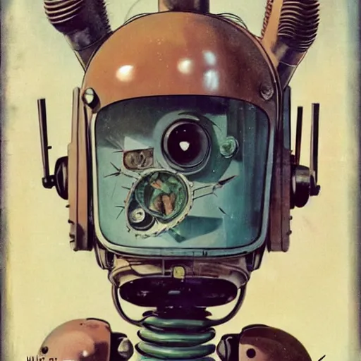 Prompt: extreme wide shot of a 1950s retro Cactus robot, with space above the head. full body framed. Bionic Arms and eyes. pop surrealism, poster art, muted colours. by Jean-Baptiste Monge, wide shot