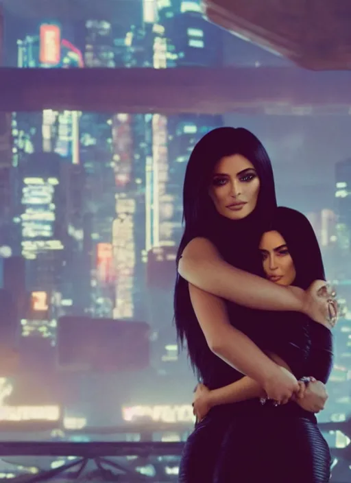 Image similar to film still of kylie Jenner hugging kim kardashian romanticly, scenic cyberpunk city backround, cinematic lighting, cinematic