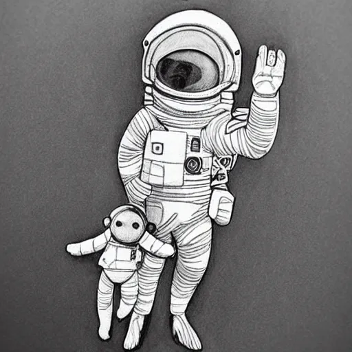 Image similar to pencil art, portait, highly detailed, epic, astronaut monkey holding hands with astronaut.