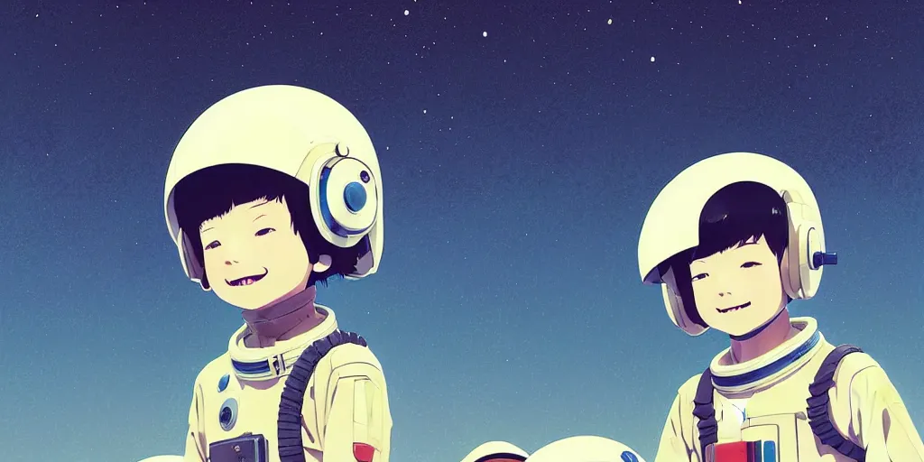 Image similar to portrait of a smiling boy with astronaut helmets by ilya kuvshinov, cloudy sky background lush landscape ln illustration concept art anime key visual trending pixiv by victo ngai fanbox by greg rutkowski makoto shinkai takashi takeuchi studio ghibli